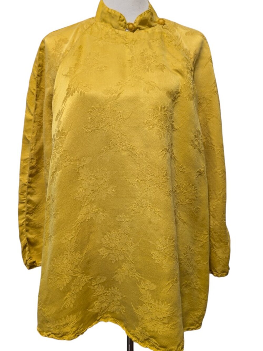 Vintage URU Kristine St RRIK OS Yellow Jacquard Floral 100% Silk Blouse Top Flaw
